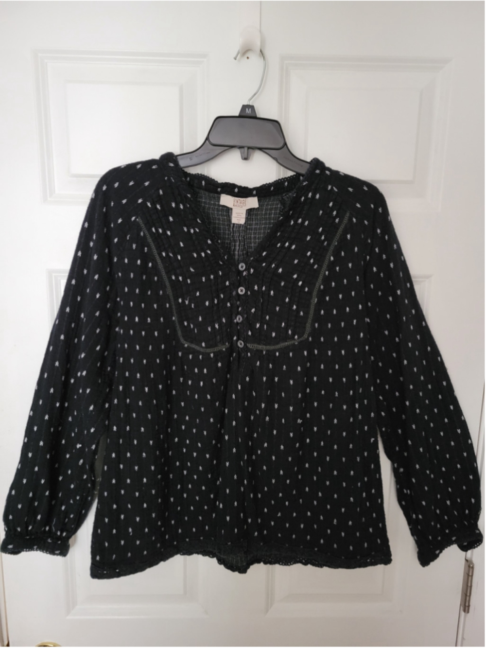 Vintage America Blues Black Embroidered Peasant Blouse 1X